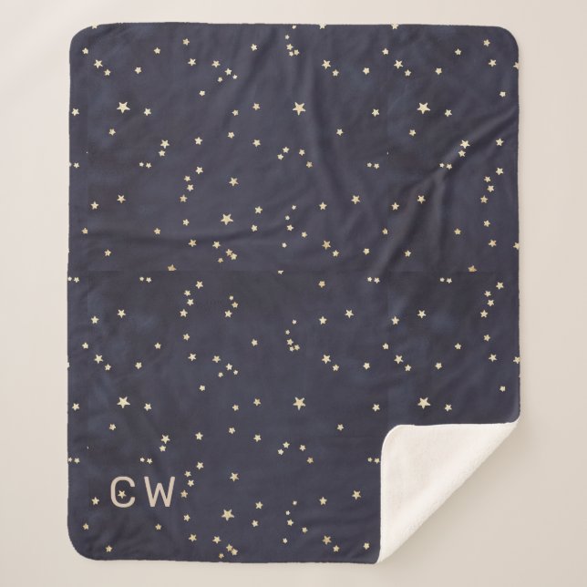 Night sky and gold stars minimalist monogram sherpa blanket (Front)