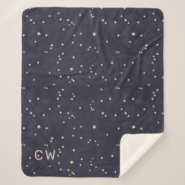 Night sky and gold stars minimalist monogram sherpa blanket