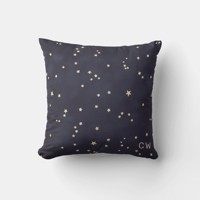 Night sky and gold stars minimalist monogram throw pillow (Front)
