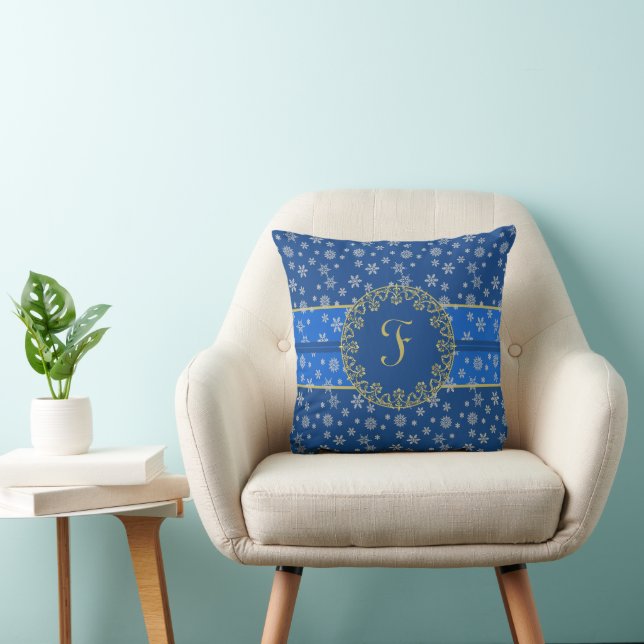 Night Sky and Snowflakes Monogram Throw Pillow (Chair)