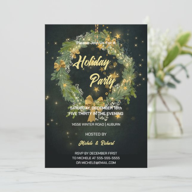 Night Sky and Wreath Holiday Party Invitation (Standing Front)