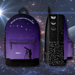 Night Sky Astronomy Backpack Purple & Black<br><div class="desc">Reach for the stars with this captivating astronomy backpack! Featuring a stunning night sky design with twinkling stars and a prominent telescope silhouette. But that's not all – we've added some extra cosmic flair. The zipper panel shows the phases of the moon, while the sides feature mathematical equations, perfect for...</div>