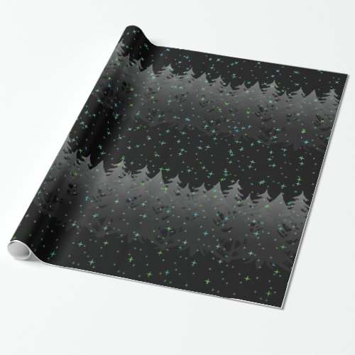 Night Sky Blue Green Stars Tree Snow Black Holiday Wrapping Paper