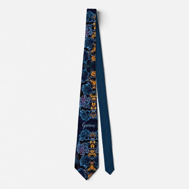 Night Sky Blue Rose Personalized Groom Wedding Neck Tie (Front)