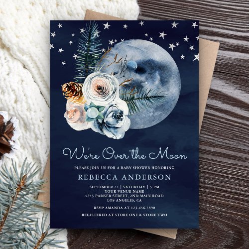 Night Sky Boho Watercolor Floral Moon Baby Shower Invitation