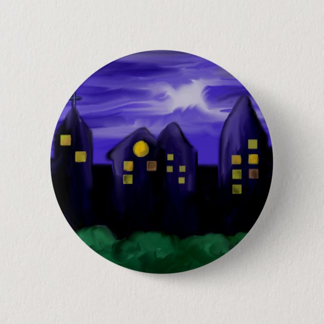 Night sky city skyscrapper canvas art pinback button (Front)