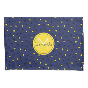 Night Sky Cute Stars on Navy Blue Pattern Monogram Pillow Case