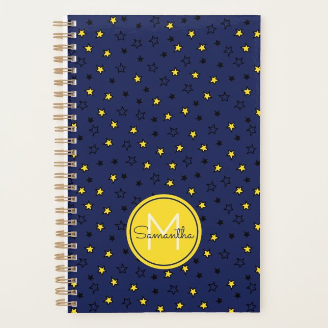 Night Sky Cute Stars on Navy Blue Pattern Monogram Planner (Front)