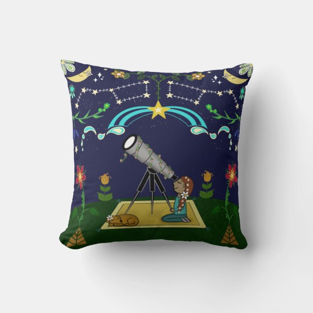 Night Sky Folk Art Throw Pillow (Front)