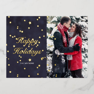 night sky gold stars happy holidays photo postcard