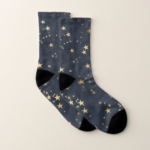 Night Sky Golden Stars Astrology Grey Blue Socks