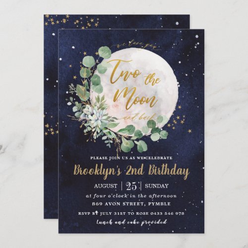 Night Sky Greenery Two the moon 2nd Birthday Party Invitation