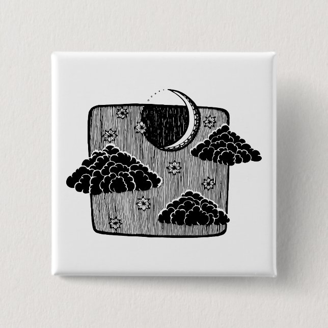 Night Sky Half Moon Clouds Hand Drawn Illustration Button (Front)