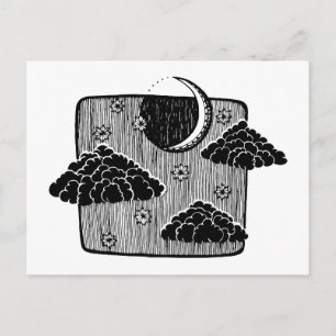 Night Sky Half Moon Clouds Hand Drawn Illustration Postcard