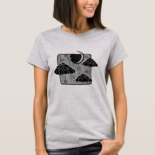 Night Sky Half Moon Clouds Hand Drawn Illustration T-Shirt (Front)