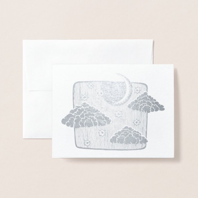 Night Sky Half Moon Clouds Illustration Foil Card (Front With Envelope)