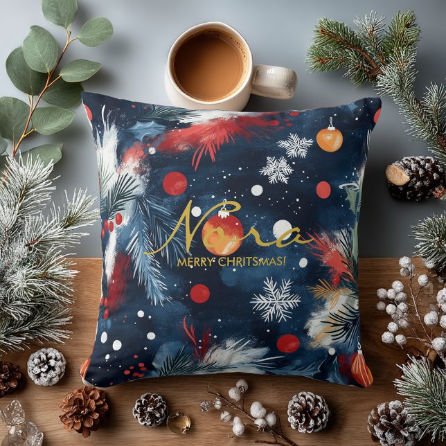 Night Sky Holiday Pine and Ornament Design Throw Pillow (Creator Uploaded)