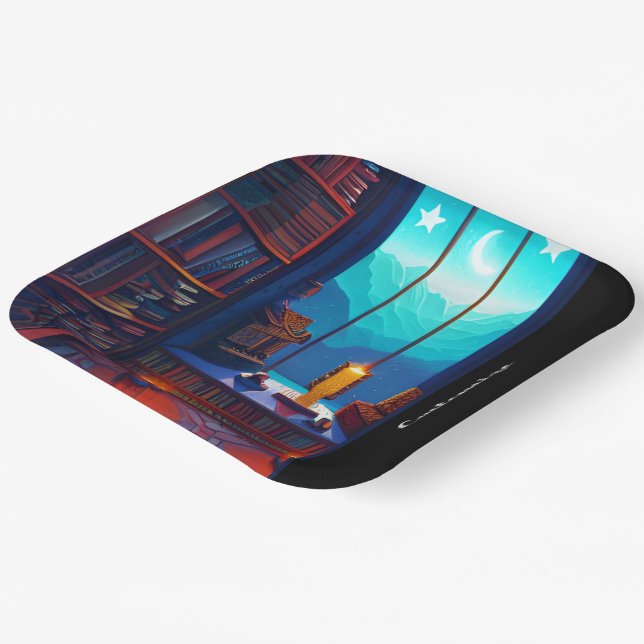 Night Sky Library Square Paper Plates (Angled)
