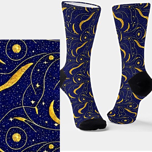 Night Sky Metallic Gold Blue Celestial Shapes Socks