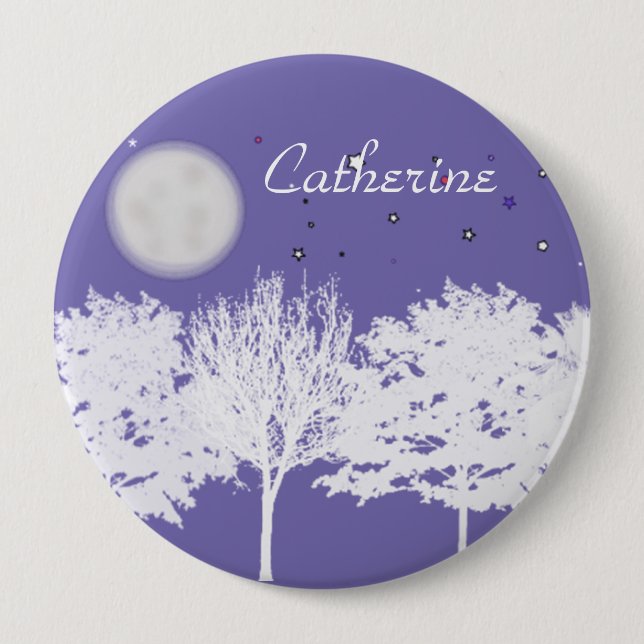 Night sky moon and stars trees silhouette art  button (Front)