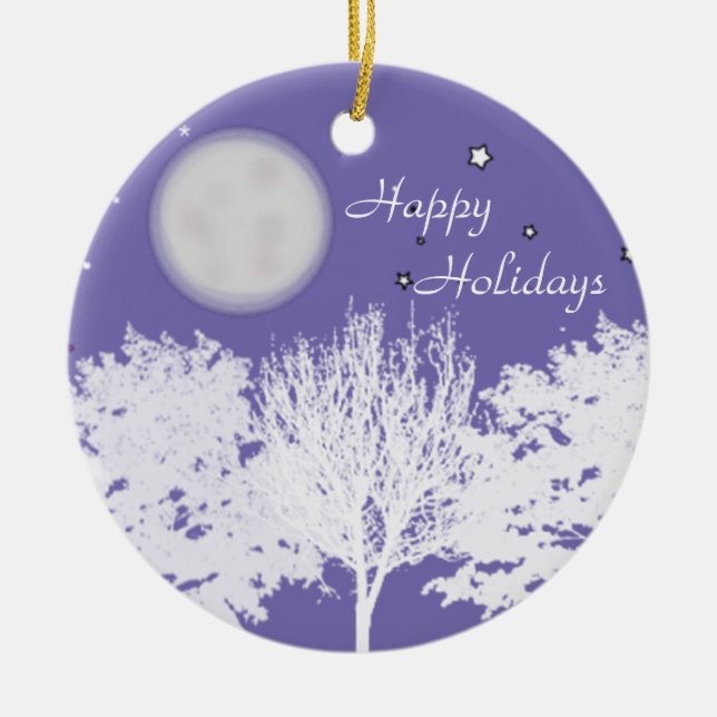Night sky moon and stars trees silhouette art ceramic ornament (Front)