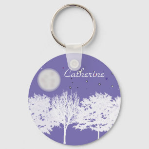 Night sky moon and stars trees silhouette art keychain