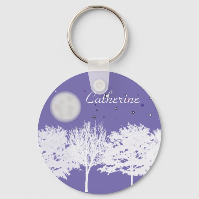 Night sky moon and stars trees silhouette art keychain (Front)