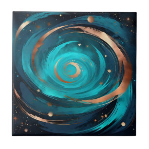 Night Sky Nebula Turquoise And Copper Metallic Ceramic Tile