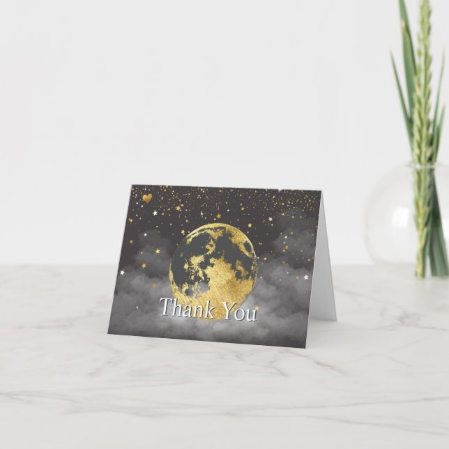 Night Sky Over the Moon and Stars Celestial Gold Thank You Card (Front)