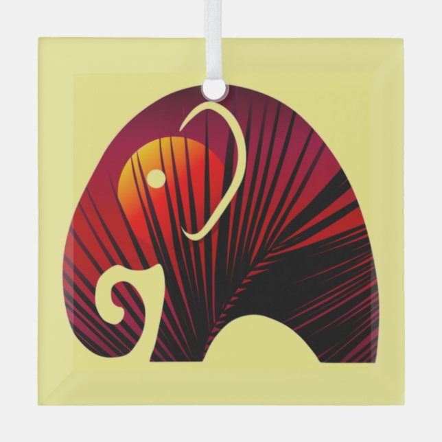 Night sky & palm leaves in elephant silhouette  glass ornament (Front)