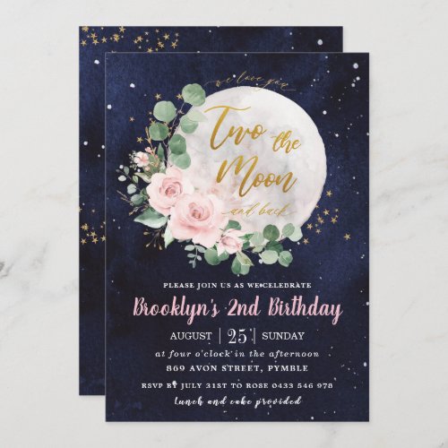 Night Sky Pink Floral Two the Moon 2nd Birthday  Invitation