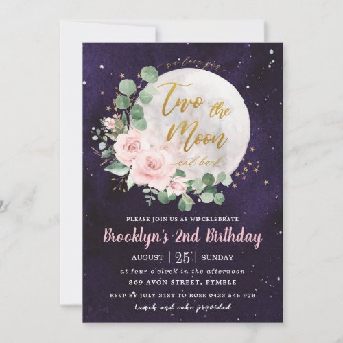 Night Sky Pink Floral Two the Moon 2nd Birthday  Invitation
