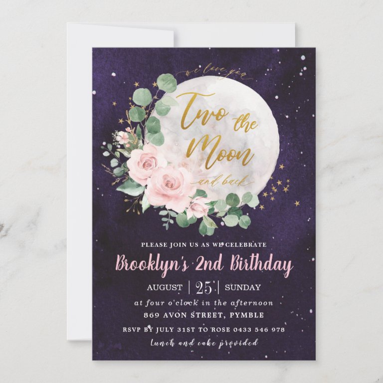 Night Sky Pink Floral Two the Moon 2nd Birthday Invitation