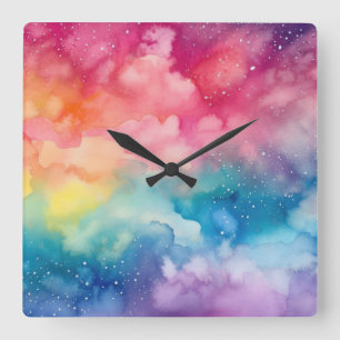 Night Sky Rainbow Watercolour Abstract Art Square Wall Clock