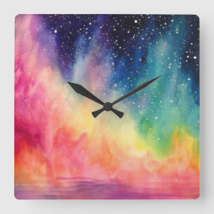 Night Sky Rainbow Watercolour Abstract Art Square Wall Clock