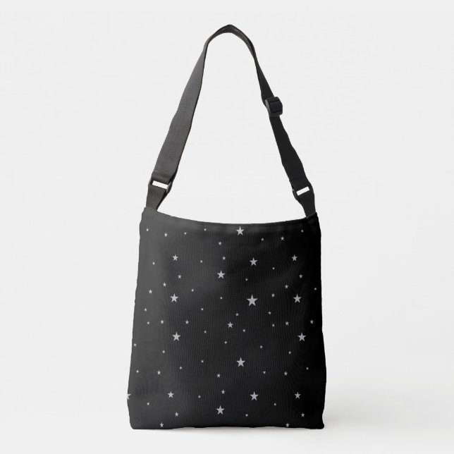 Night Sky Silver Stars on Black Crossbody Bag (Front)