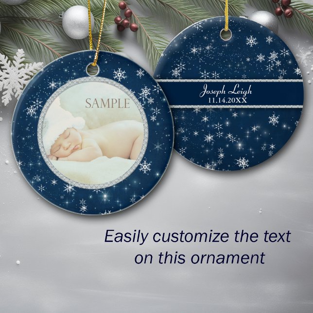 Night Sky Snowflakes Baby Photo Template Ceramic Ornament (Creator Uploaded)