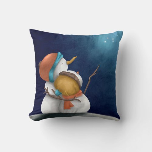 Night sky Snowmen looking at the stars Throw Pillow