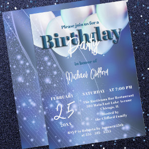 Night Sky Sparkles Blue & White Balloons Birthday Invitation