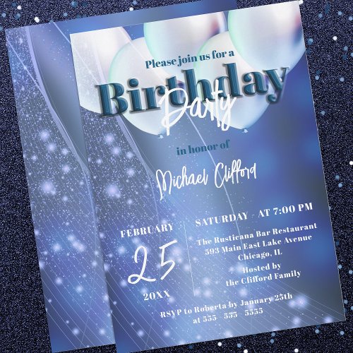 Night Sky Sparkles Blue  White Balloons Birthday  Invitation