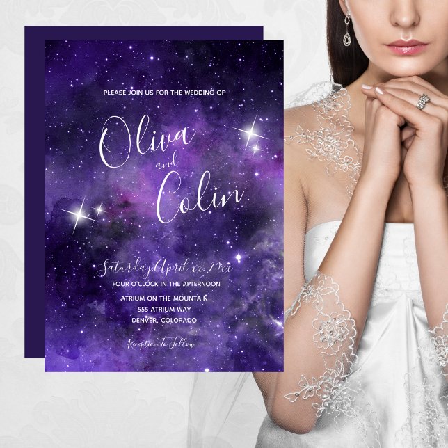 Night Sky Starlight Purple Wedding Invitation (Star Light Purple White Wedding Invitation)