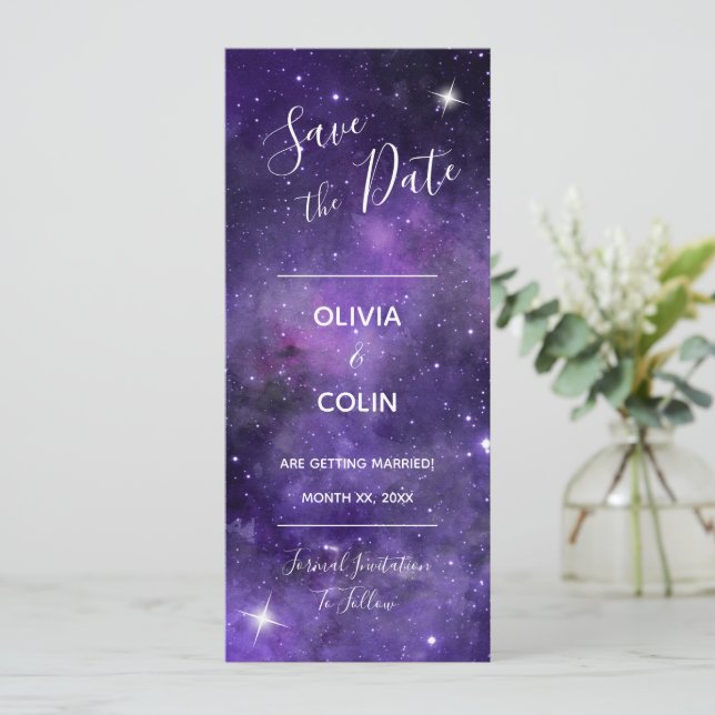 Night Sky Starlight Purple Wedding Save The Date (Standing Front)