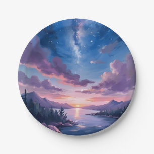 Night Sky Starry Lake Purple Watercolor Paper Plates