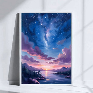 Night Sky Starry Lake Purple Watercolor Poster