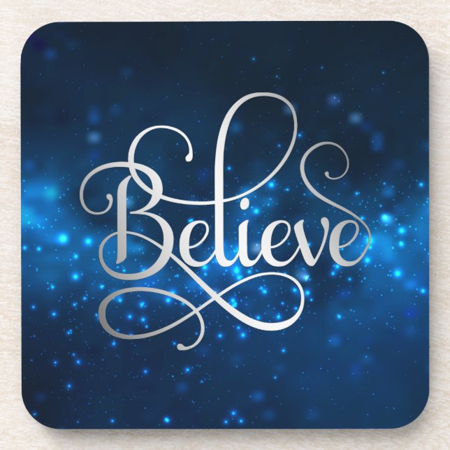 Night Sky Stars Believe Christmas Beverage Coaster (Front)