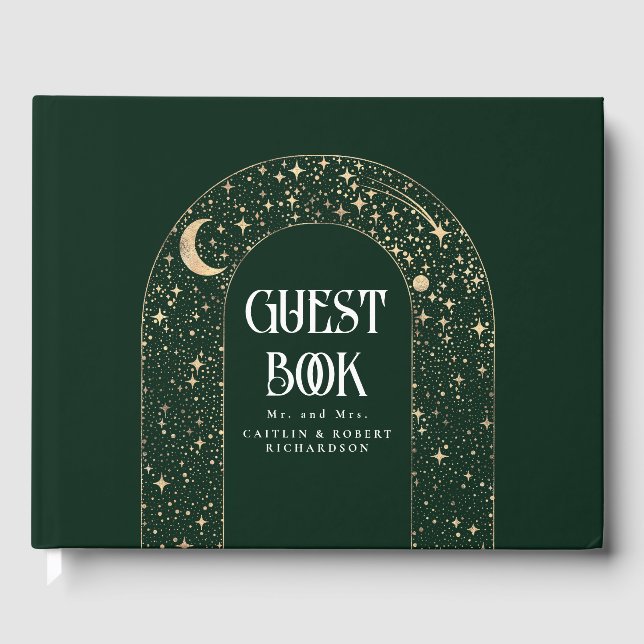 Night Sky Stars Celestial Emerald Green Wedding Guest Book (Front)