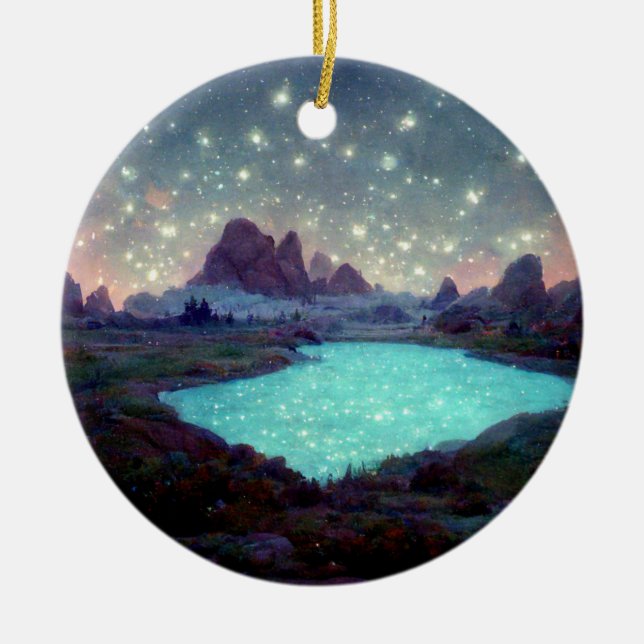 Night Sky Stars Fantasy Landscape Ceramic Ornament (Front)