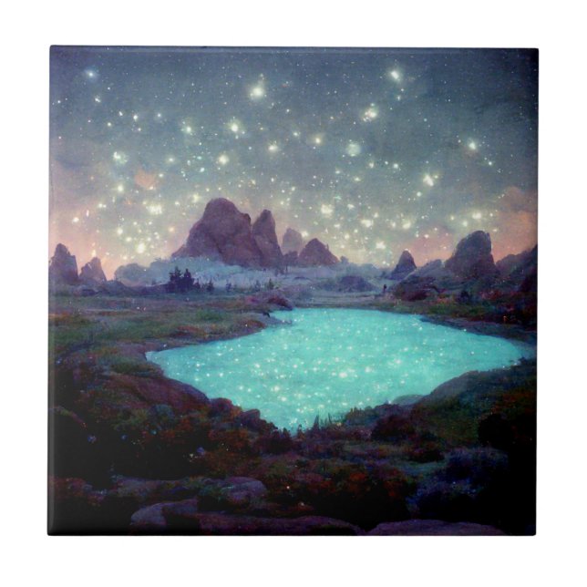 Night Sky Stars Fantasy Landscape Ceramic Tile (Front)