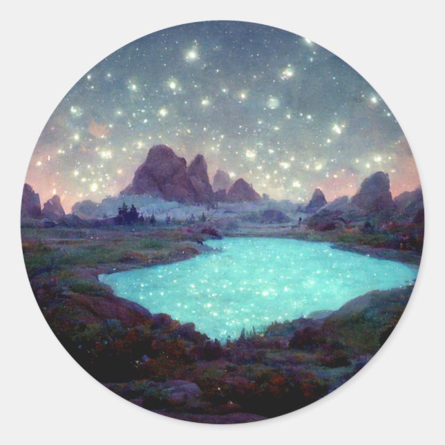 Night Sky Stars Fantasy Landscape Classic Round Sticker (Front)