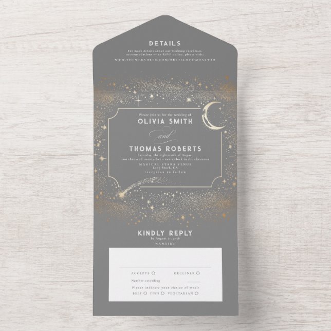 Night Sky Stars Moon Celestial Grey Wedding All In One Invitation (Inside)